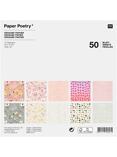 Origami papír 15x15 cm - 50 lapos készlet - Virágok, gyöngyök, anyagok, 10 féle design