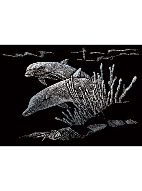 Képkarcoló készlet karctűvel - 13x18 cm - Ezüst - Delfinek