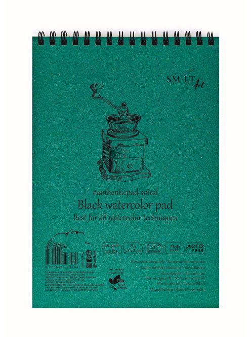 Vázlattömb - SMLT Black watercolor authenticpad, spirálos, mikroperforált - fekete, 300gr, 20 lapos A5